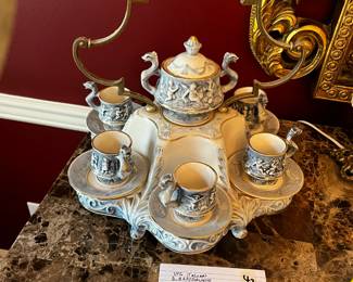 
#42	Vtg. Italian R Capodimonte Blue Cherub & Dragon   Demitasse espresso stand & cups/saucer & Sugar Bowl w/lid	 $185.00 
