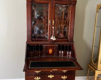#52	Jasper Cabinet Secretary w/bubble Glass Hutch w/2 glass shelves w/4 drawers & Drop-down Desk w/cubbies and slots - lighted w/ball & Claw Feet - 1 pc  (you Move)  38x18-31x80	 $275.00 
