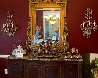 #40	Buffet w/Felted Drawer for Silverware with 7 Drawers & 2 Doors w/1 shelf w/faux Marble top - 62x19x36	 $275.00 
#41	Wood Gold-Painted Mirror w/heavy Carvings Rectangular - 40Wx56T Approx - Heavy	 $150.00 
