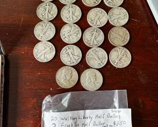 #30	20 Walking liberty 1/2 dollars silver 2 Franklin 1/2 dollar silver	 $250.00 
