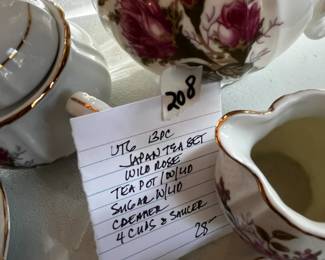 #208	13pc Japan Tea Set Wild Rose Tea Pot w/lid Sugar w/lid Creamer 4 cups & Saucer	 $28.00 
