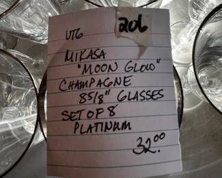 #206	Vtg. Mikasa "Moon Glow" 8 5/8" Glasses Set of 8 Platinum	 $32.00 
