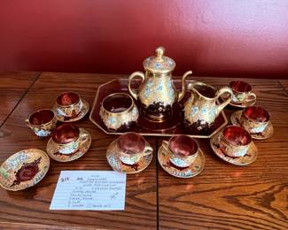 #212	MCM Hand-painted Venetian Murano Cranberry glass 24KT Gold Gilt  & Enamel Flowers Set	 $145.00 
