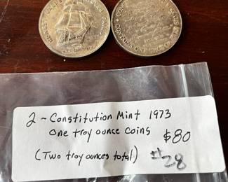 #28	(2) constitution mint 1973 one troy ounce coins  each	 $80.00 
