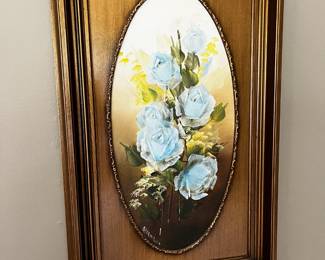 #58	Blue Rose in Oval Matt inside Square Gold Frame signed by Artist - 17x26	 $125.00 

