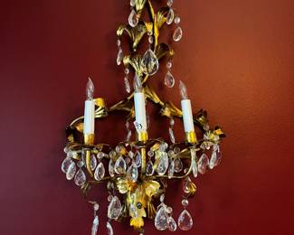 #43	Gold Metal 3 Candle w/Glass Prisms Wall hanging Sconce - (back cords cut off could be electrified) sold as a pair	 $225.00 
