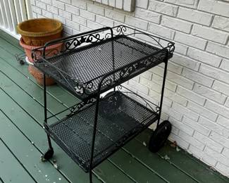 #197	Black Wrought Iron Tea Cart on Wheels - 2 shelves - 25.5x18x32	 $75.00 
