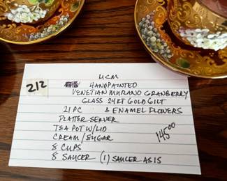 #212	MCM Hand-painted Venetian Murano Cranberry glass 24KT Gold Gilt  & Enamel Flowers Set	 $145.00 
