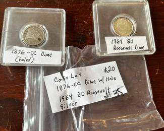 #35	1876 cc dime w/Hole  1964 BU Roosevelt dime 	 $20.00 
