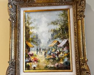 #66	Oil Painting of Lady selling Flowers Downtown in Heavy Gilded Gold Frame - 14.5x17	 $75.00 
