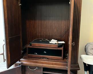 #98	Hooker Entr. Cabinet (1 piece) w/4 doors (top w slide back) and 3 drawers & 3 shelves (1 pull-out) - 45x21x81	 $125.00 
