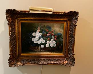 #64	Oil Painting of Daisies and Flowers - signed Chavet - in Gold Gilded Frame - 23.5x20 w/light mounted on this one	 $125.00 
