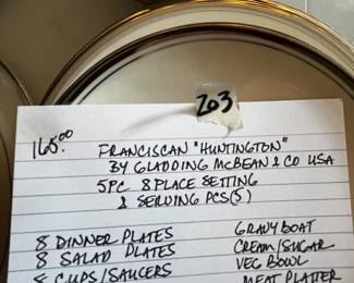 #203	Franciscan "Huntington" by Gladding McBean & Co. USA 5 pc 8 place Setting & Serving Pcs	 $165.00 
