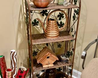 Copper Smith & Hawken Water Cans on metal planter's shelf