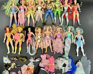 This Collection of She-Ra 16 action figures has 40+ total pieces including 16 action figures, rare She Ra Carry Castle Collectors Case from 1985 and accessories, shields, clothes, and a sword. The set is a 1st edition vintage collection.