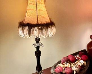 Unique feather adorned pair of lamps