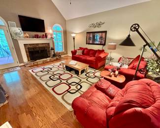Red living room furniture and rug
