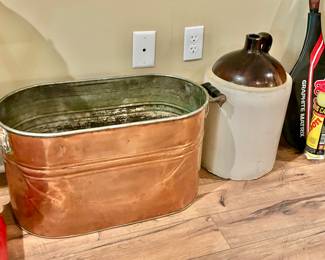 Antique Copper Boiler and Large Antique Stoneware Jug