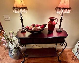 Unique feather adorned pair of lamps