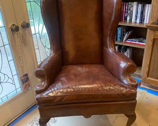Swaim leather high wing-back library chair w/ottoman