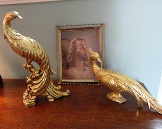Hollywood Regency MCM Gold Gilt Peacock Statues