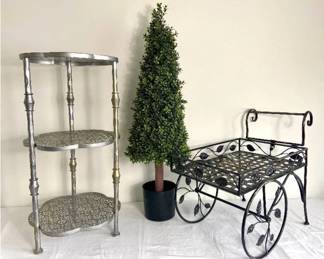Metal Cart, Faux Boxwood Tree and 3 Tier Metal Shelf
