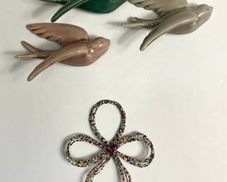 Flying Swallow Wall Birds Ceramic Sculptures - Set of 3 plus Beaded Cross