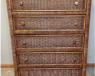 Vintage 1980s Henry Link Highboy 5 Drawer Rattan Wicker Dresser
