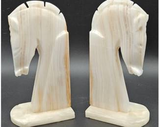 Onyx Horse Head Bookends Creams Neutral Tones 8.5" H x 4.5" W x 3" D