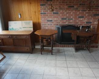 buffet, table, Singer treadle machine