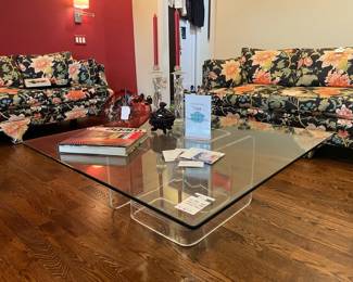 Glass and Lucite coffee table, Agam hardcover, Blown Glass Sculpture