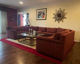 Masland nylon area rug, U-shaped modular sectional, Beveled Glass and metal coffee table