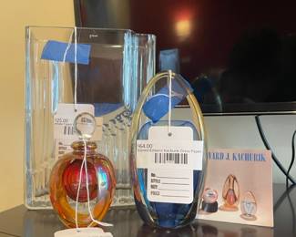 Iittala Tapio Wirkkala Glass Vase, Signed Edward Kachurik Glass Paperweight, Signed Art Glass Perfume Bottle, Samsung 50