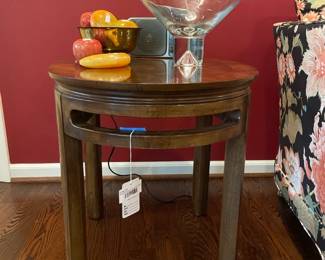 Drexel Heritage Oval Side Table, Alabaster fruit, Gold colored metal bowl, Krosno Poland Badash bowl