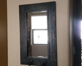 Wooden Mirror With 2 Key Hooks