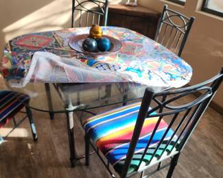 Squircle  Glass Top Table with Iron Base and 4 Rustic Iron Framed Chairs