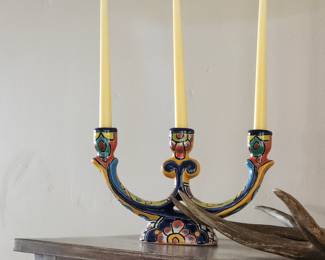Mexican Folk Art Multi Color Talavera Pottery 3 Arm Candelabra