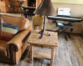 Rustic Wood Side Table with   & Iron Table Lamp