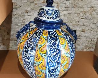 Pottery Vase with Ribbon Handles Tricolor Style. This Mexican pottery is a type of majolica (faience) and represents a mixture of Italian and Spanish designs