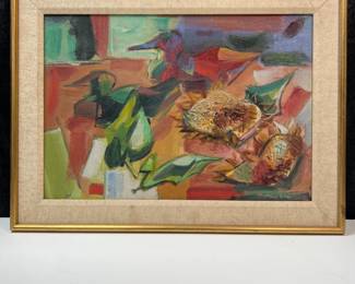 Lot 27
Alex Minewski signed Abstract Modernist framed painting on Masonite,, 14” X 20” (sight), 18 1/4” X 24 1/4” (frame)