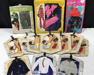 Lot Of 13 Collectable Doll Clothing Sets for Mattel Barbie, Petit Dolls and Totsy Combat Man Army Action Figure, 7 Sets of Ken Accessories, One With Missing Shoe, 3 Ken Shirts, Mattel Kelly Clothing Set, "My Buddy", Petit Doll Pink Cadet-Ette, Some Damage To Packaging
