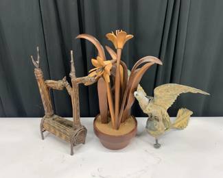Lot 360
Lot of 3 antique sculptures: wood/wicker display basket, wooden pot of flowers, and metal eagle weather vane. No signatures/engravings seen. Tallest object is roughly 25in tall