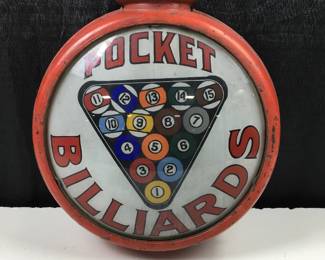 Lot 109
Handmade Collectable Vintage Advertising Glass And Steele Pocket Billiards Sign , 18” Diameter