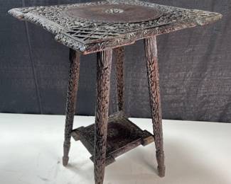 Lot 162
Antique Carved Anglo Indian Two Tier Burmese Hard Wood Lamp Side Table, aesthetic,, 24” X 23” X 23