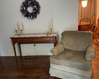 Sage green occasional chairs plus solid oak library, sofa table 