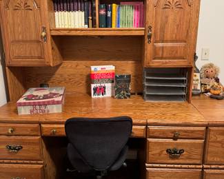 solid oak desk with nice hutch plus matching oak file cabinet 