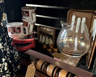 Antique Wooden shot glasses with holder, vintage mugs, glassware,