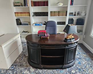 Kidney executive desk, books, filing cabinets