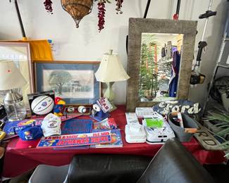Lot of Jayhawk Items, Large Mirror, Ford Signs, iRobot Braava Jet Cleaner.