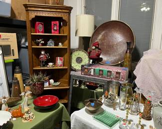 Ethan Allen Corner Shelf, Husker Collector Glasses in Box, Large and Small Plates, More Home Decor.